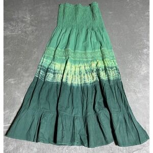 Shes Cool Strapless Dress Womens XL Green Smocked Tie Dye Boho Tiered Gypsy